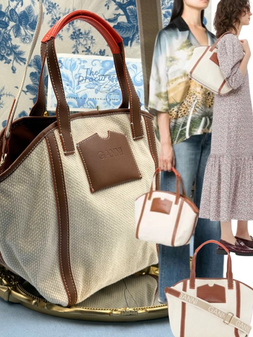 🆕 GANNI 🧿 NWT Small Banner Tote, Egret Cream Canvas & Tan Leather